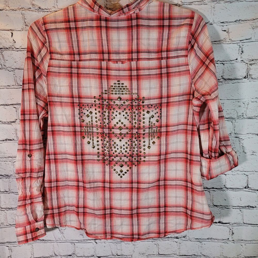 Maurices Premium Plaid Shirt Womens L Red Studded Western Roll Tab Excellent